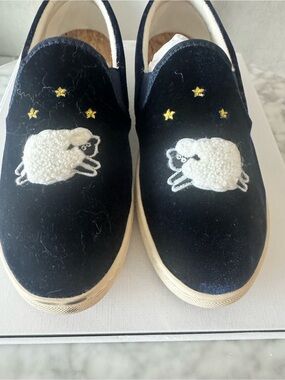 Saludos Navy Slip-On Shoes with Sheep Embroidery